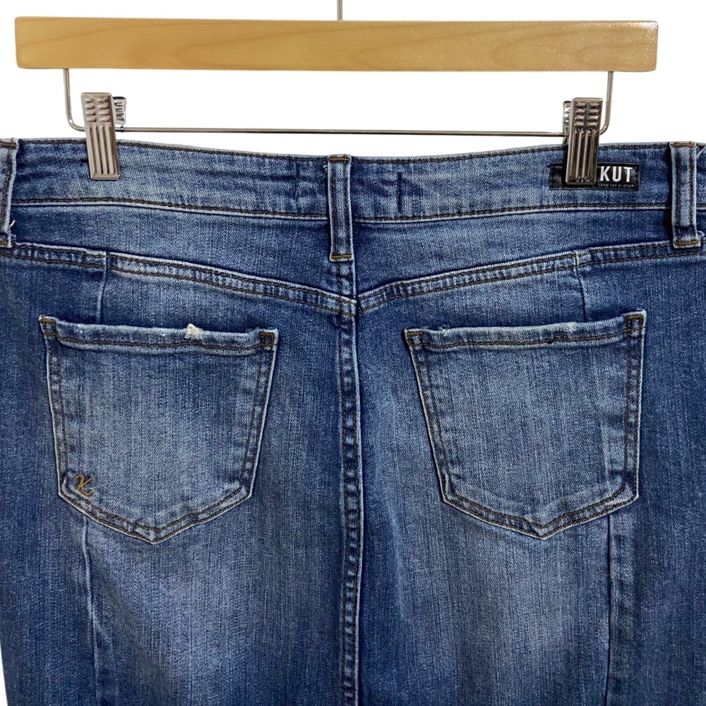 KUT from the Kloth Connie Denim Skirt Medium Wash Raw Hem Size 8 Distressed Slit - Picture 12 of 13